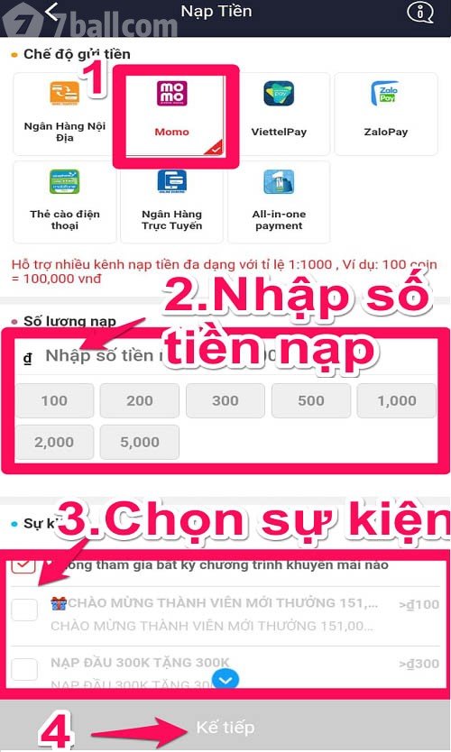 Nạp tiền 7Ball qua hình thức MoMo